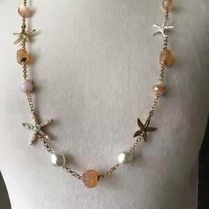 Starfish Baubles Necklace 35” Nautical Coral White Gold Tone Iridescent Bead Sea